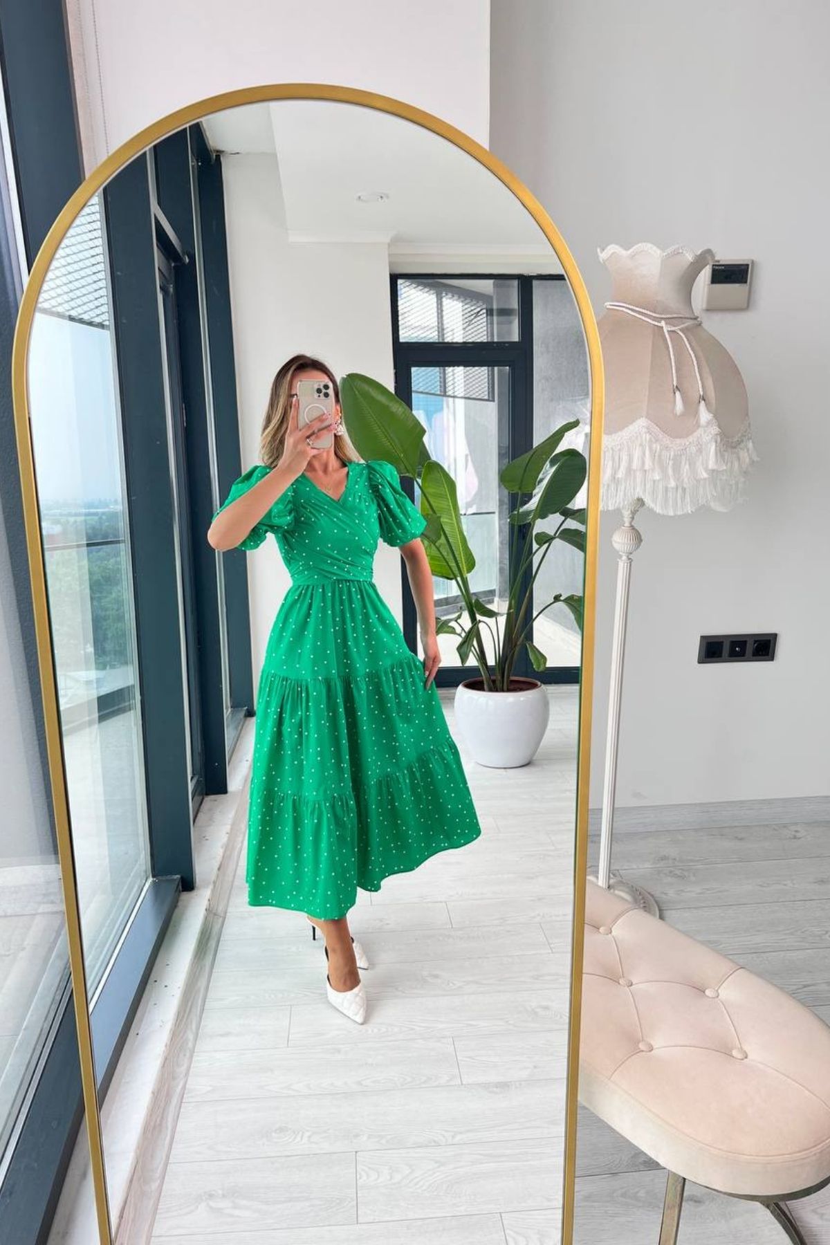 Yeşil%20%20Puantiyeli%20Poplin%20Bağlamalı%20Elbise