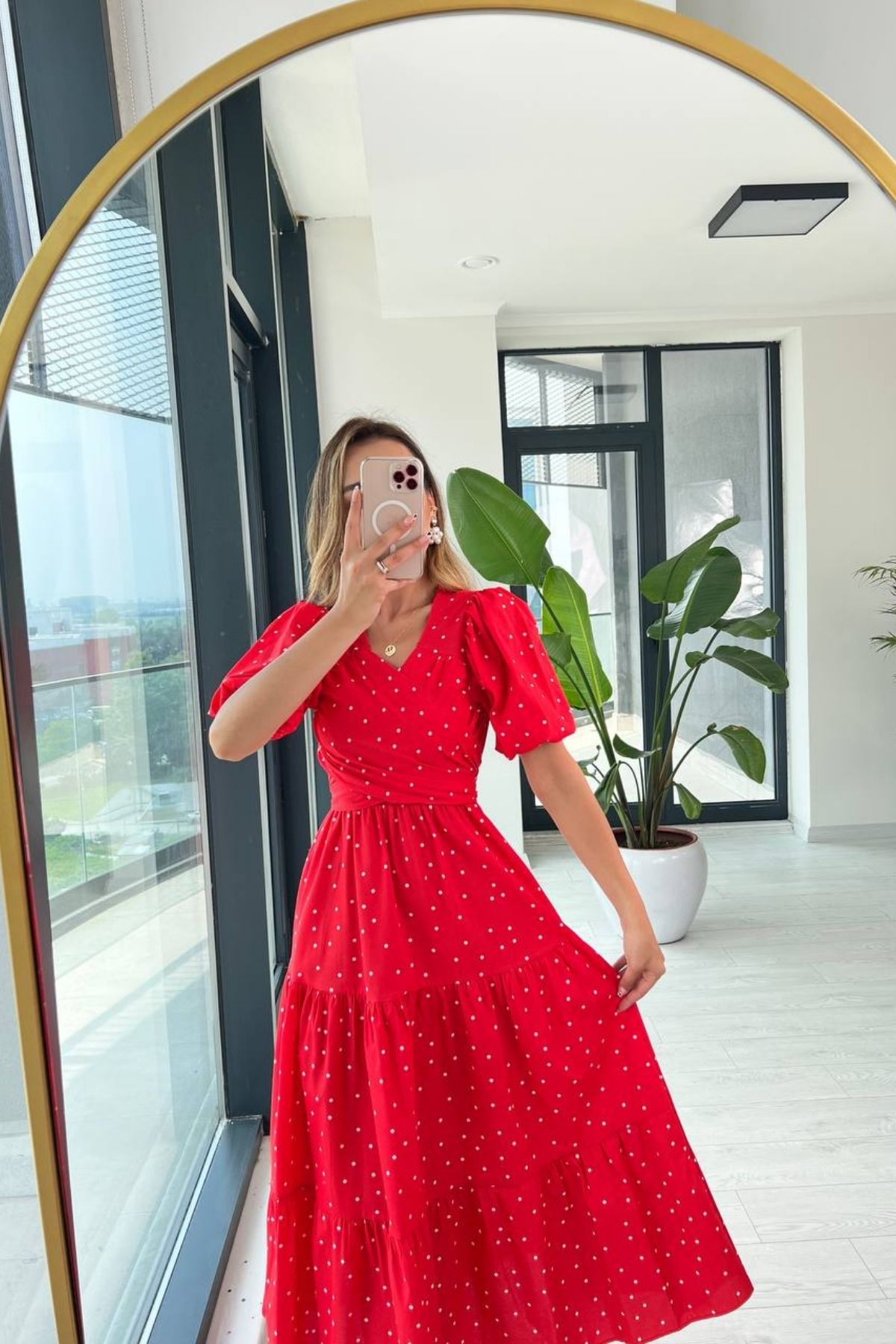Kırmızı%20%20Puantiyeli%20Poplin%20Bağlamalı%20Elbise