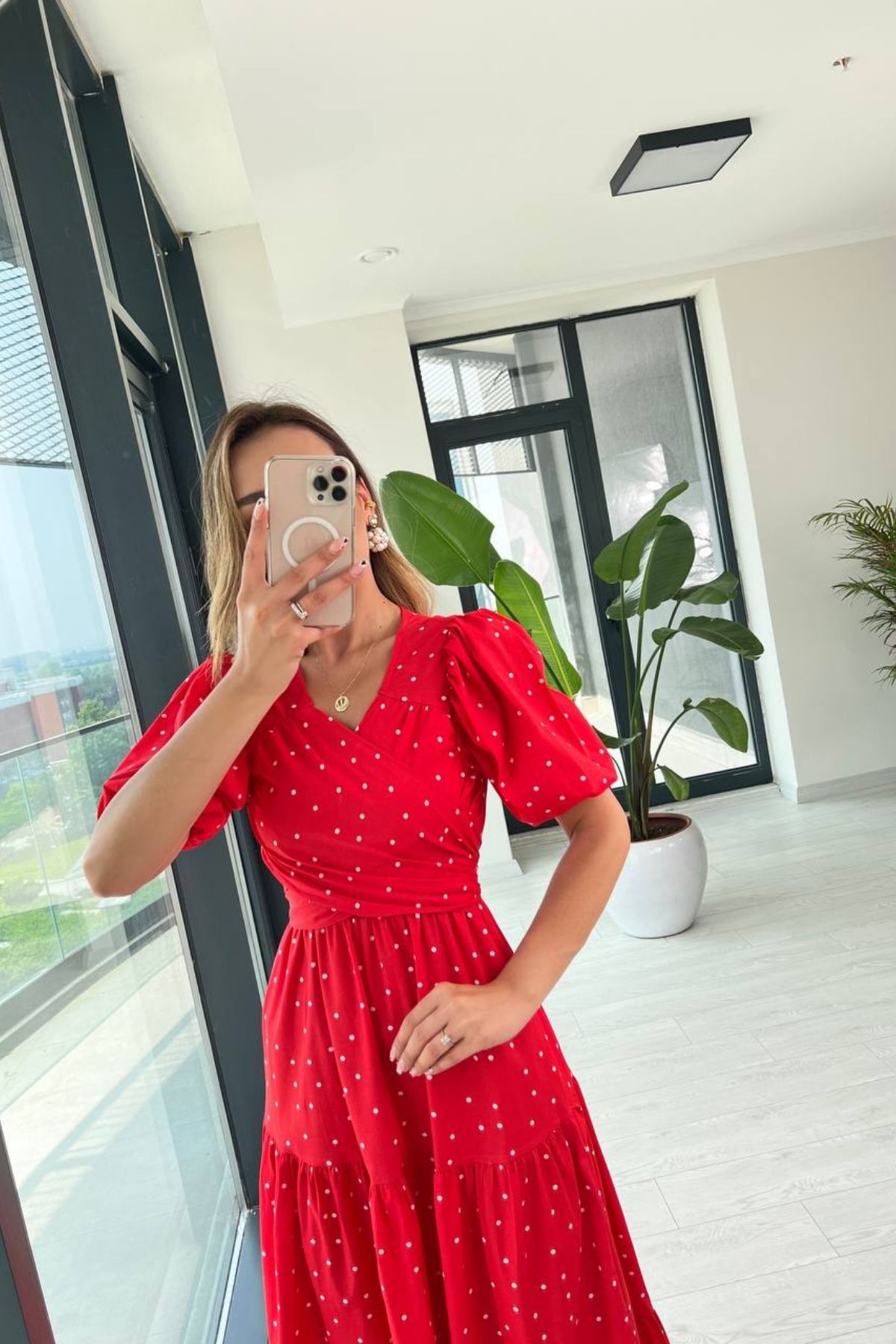 Kırmızı%20%20Puantiyeli%20Poplin%20Bağlamalı%20Elbise