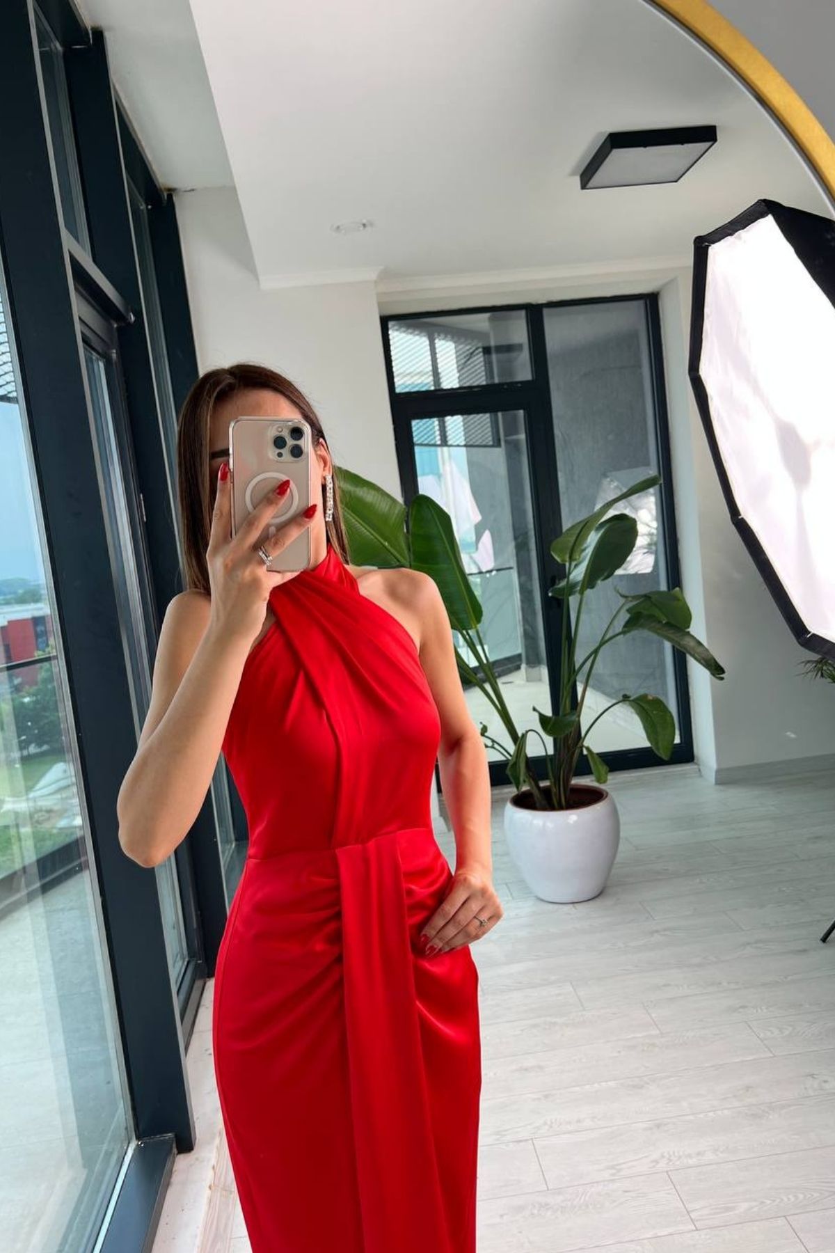 Tasarım%20Tok%20Saten%20Kırmızı%20Bağlamalı%20Elbise