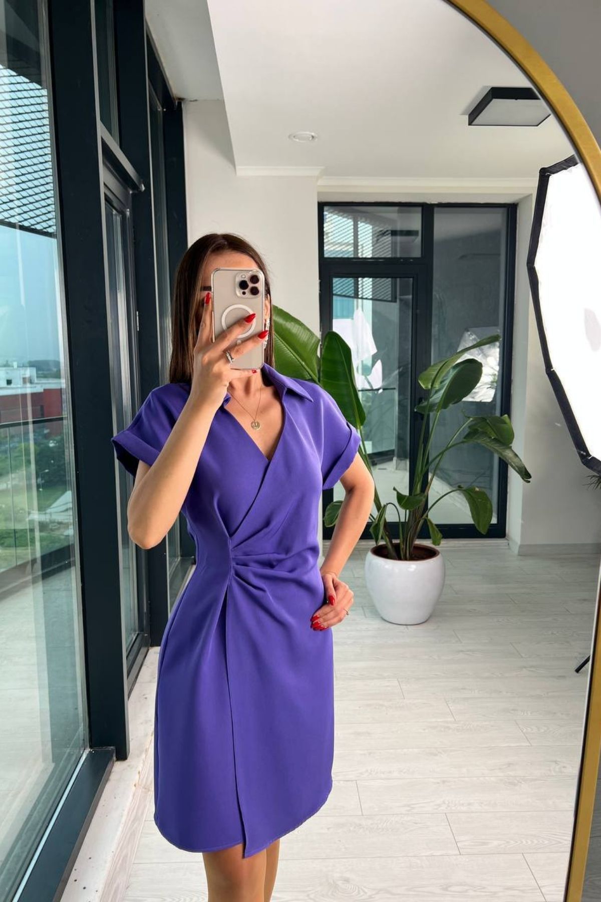 Mor%20Gömlek%20Yaka%20Bel%20Detaylı%20Elbise