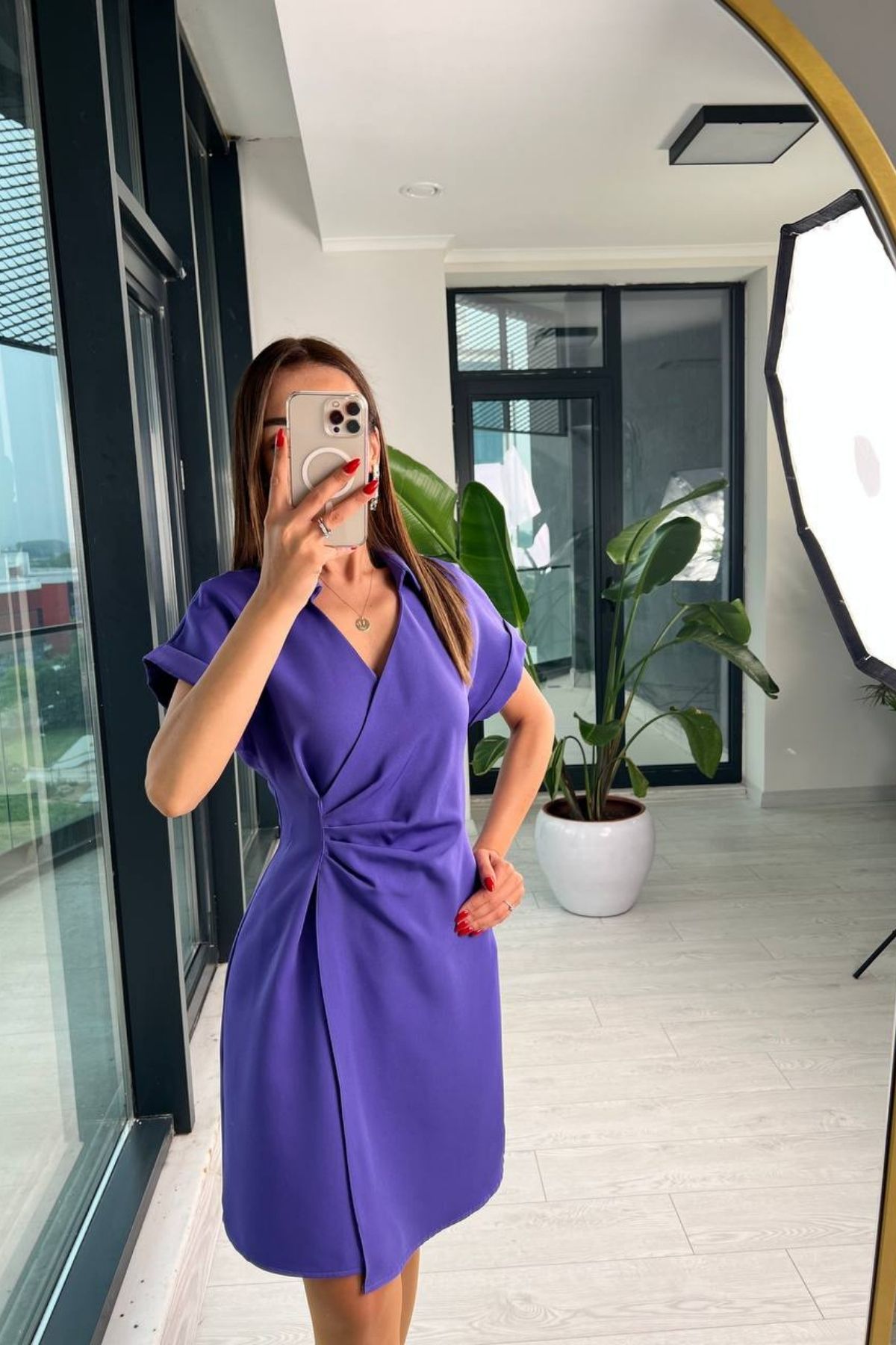 Mor%20Gömlek%20Yaka%20Bel%20Detaylı%20Elbise