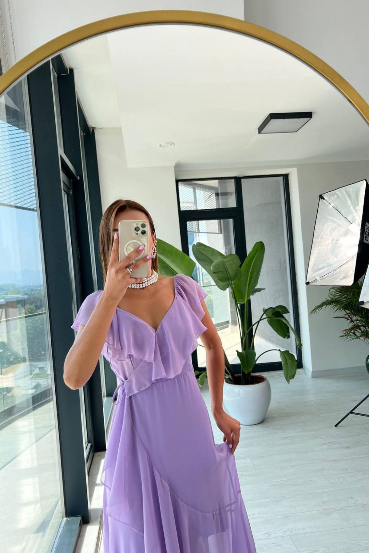 Lila%20Volan%20Detaylı%20Astarlı%20şifon%20elbise