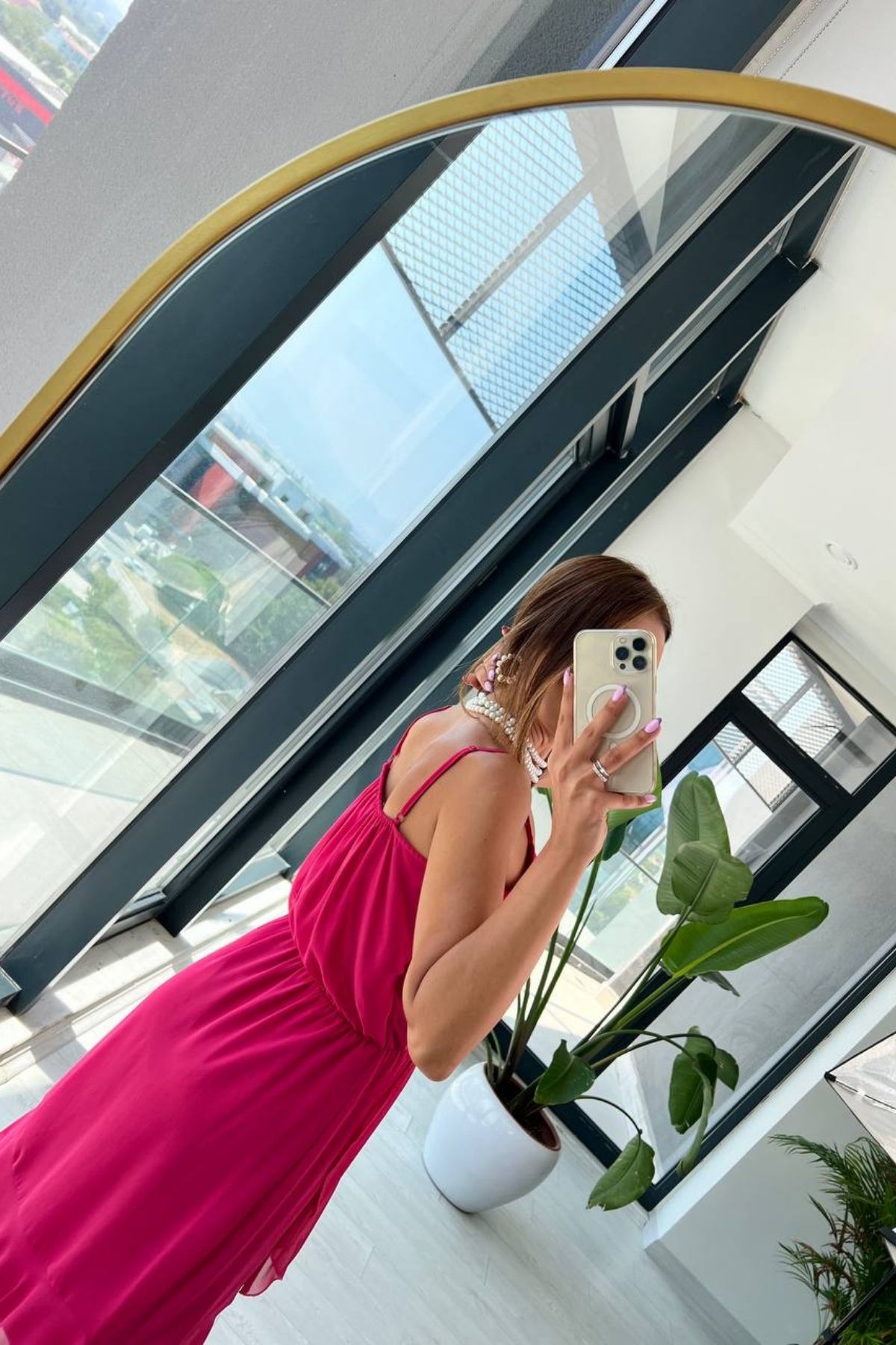 Fuşya%20Askılı%20Volanlı%20Astarlı%20Şifon%20Elbise