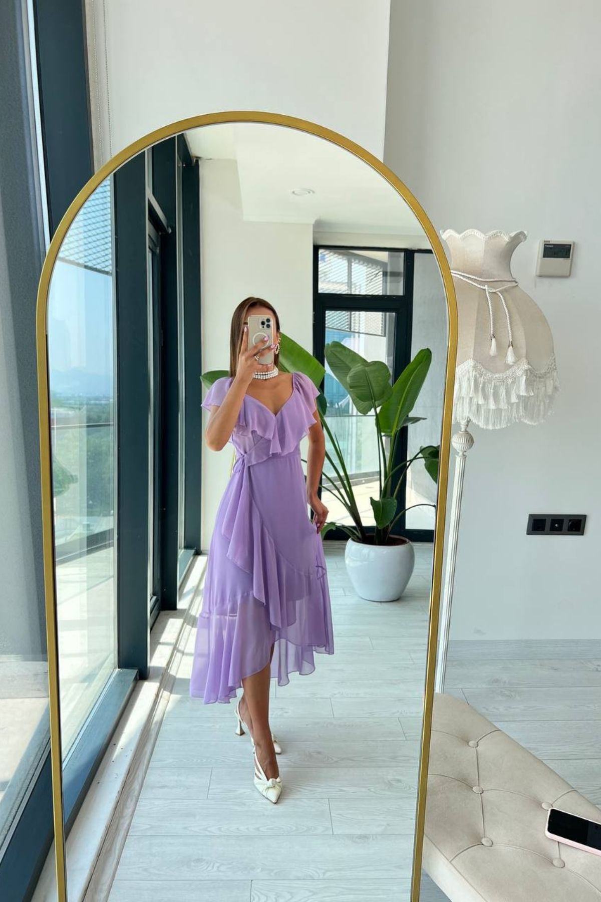 Lila%20Volan%20Detaylı%20Astarlı%20şifon%20elbise