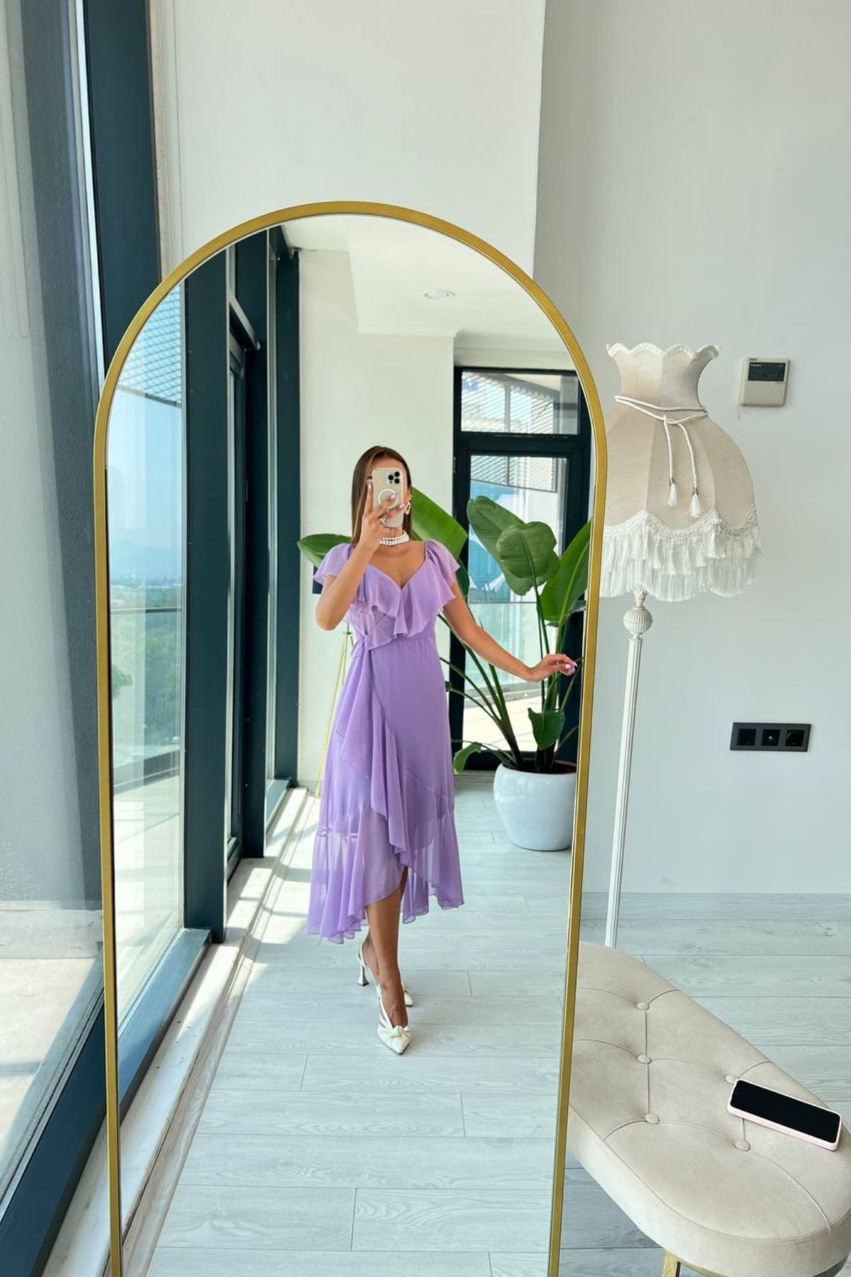 Lila%20Volan%20Detaylı%20Astarlı%20şifon%20elbise