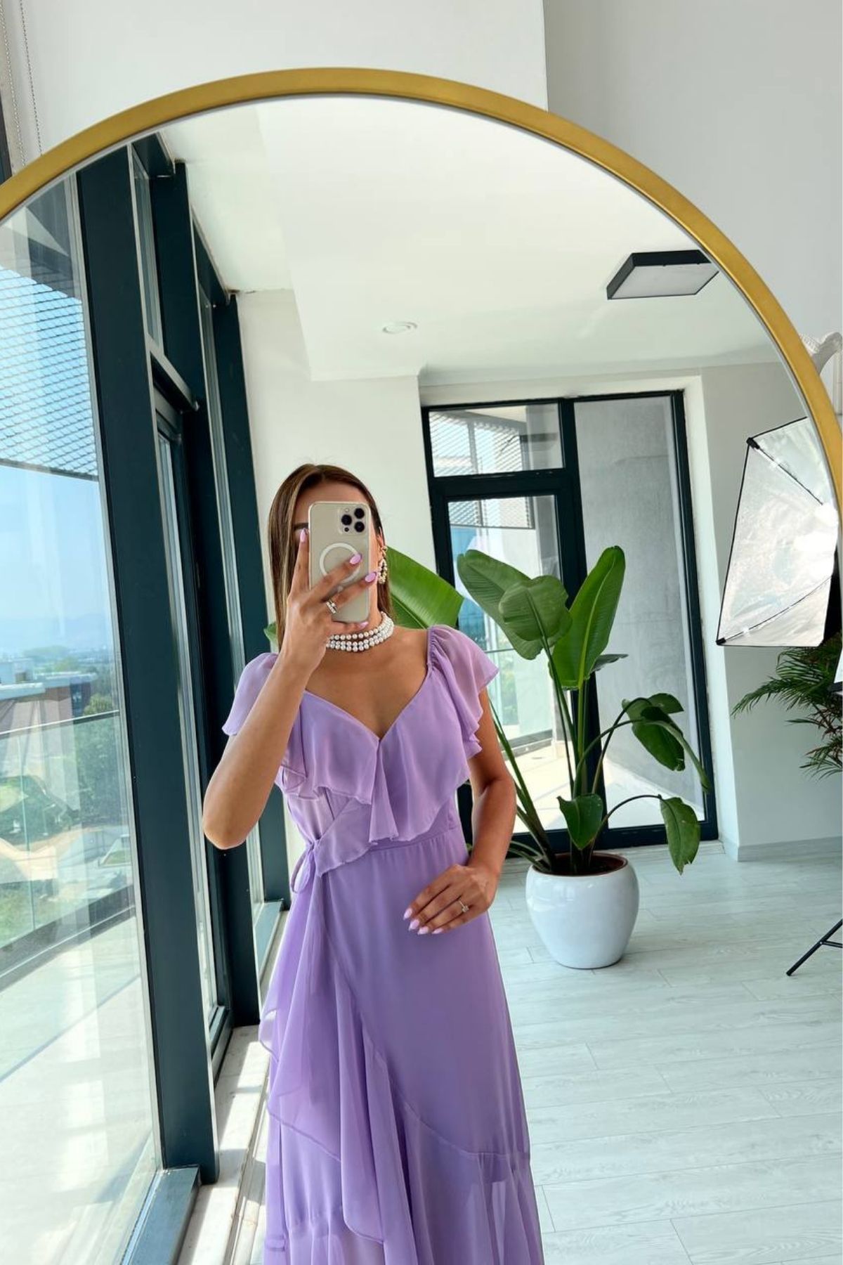Lila%20Volan%20Detaylı%20Astarlı%20şifon%20elbise