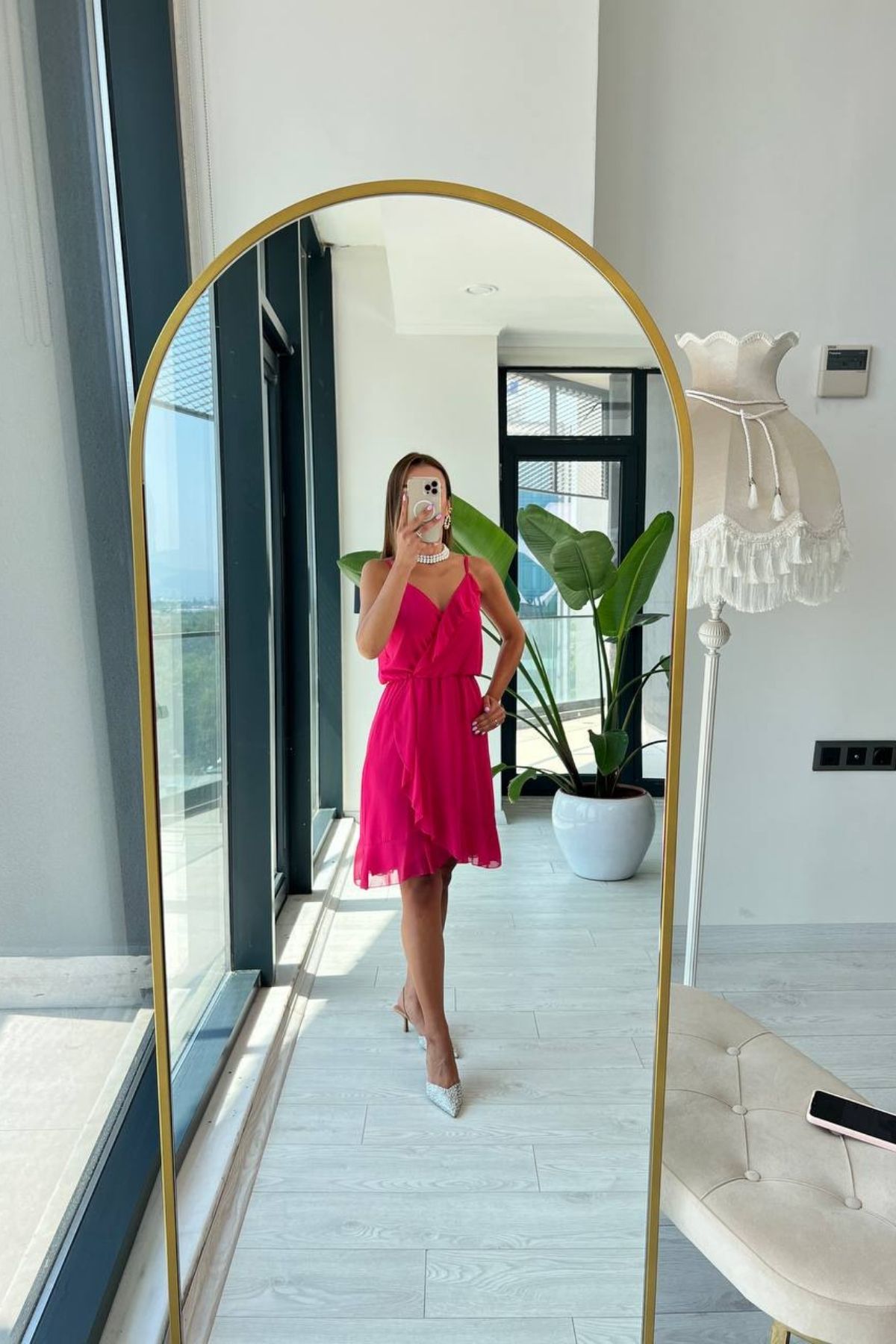 Fuşya%20Askılı%20Volanlı%20Astarlı%20Şifon%20Elbise