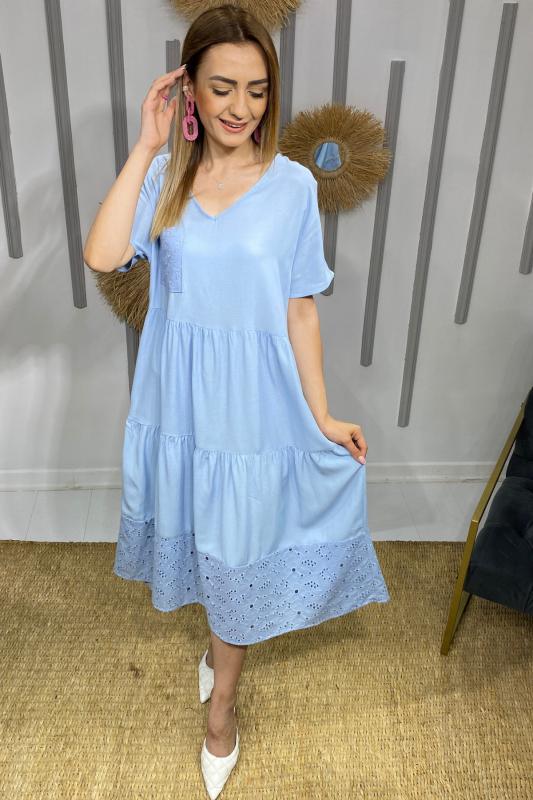 Bebe%20Mavi%20Fisto%20Detaylı%20Keten%20Elbise
