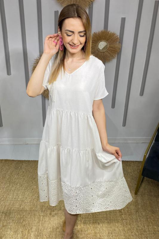 Taş%20Rengi%20Fisto%20Detaylı%20Keten%20Elbise