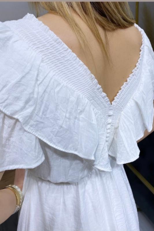 Beyaz%20Volan%20Detaylı%20Keten%20Elbise