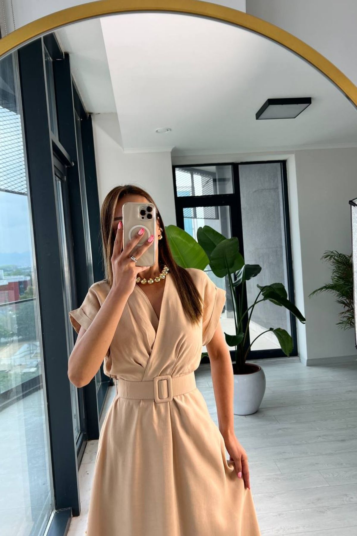 Camel%20Astarlı%20Vual%20Kumaş%20Kemerli%20Elbise