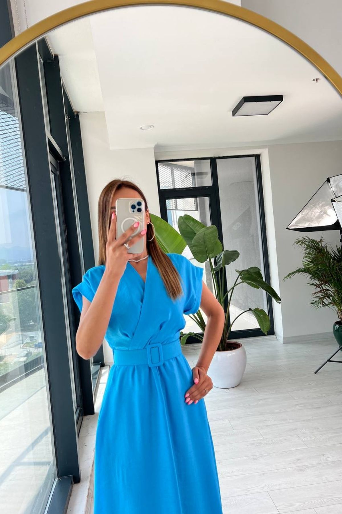 Mavi%20Astarlı%20Vual%20Kumaş%20Kemerli%20Elbise