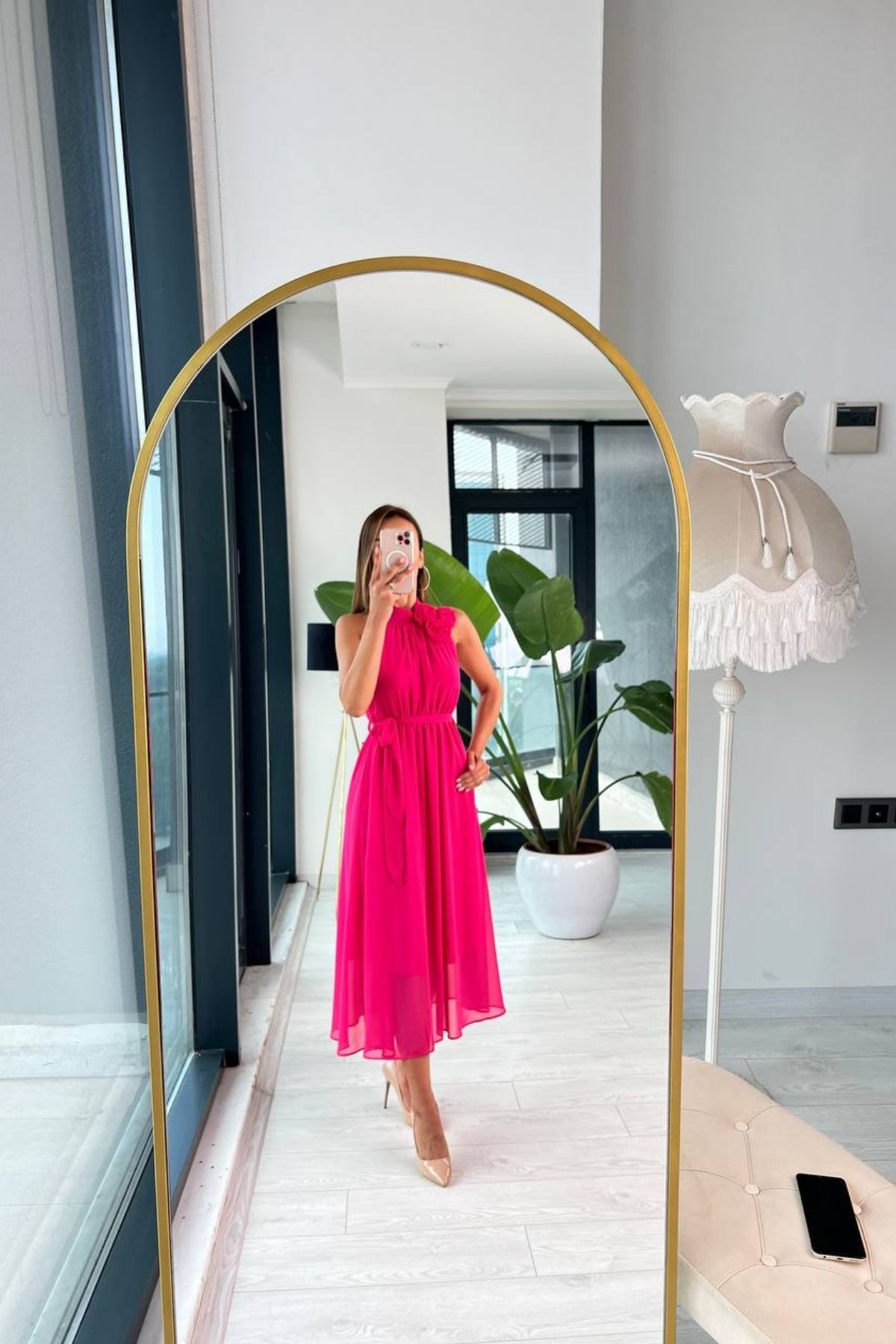 Fuşya%20Astarlı%20Gül%20Broşlu%20Rose%20Elbise