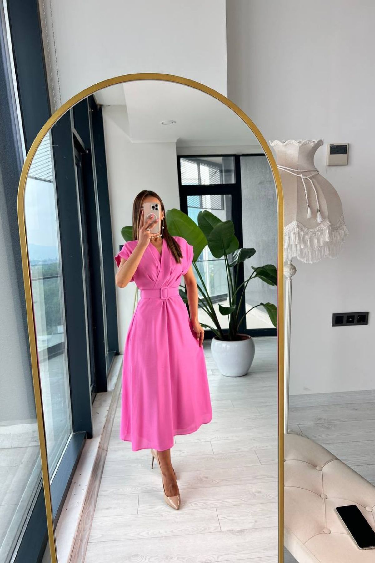 Barbie%20Pembe%20Astarlı%20Vual%20Kumaş%20Kemerli%20Elbise