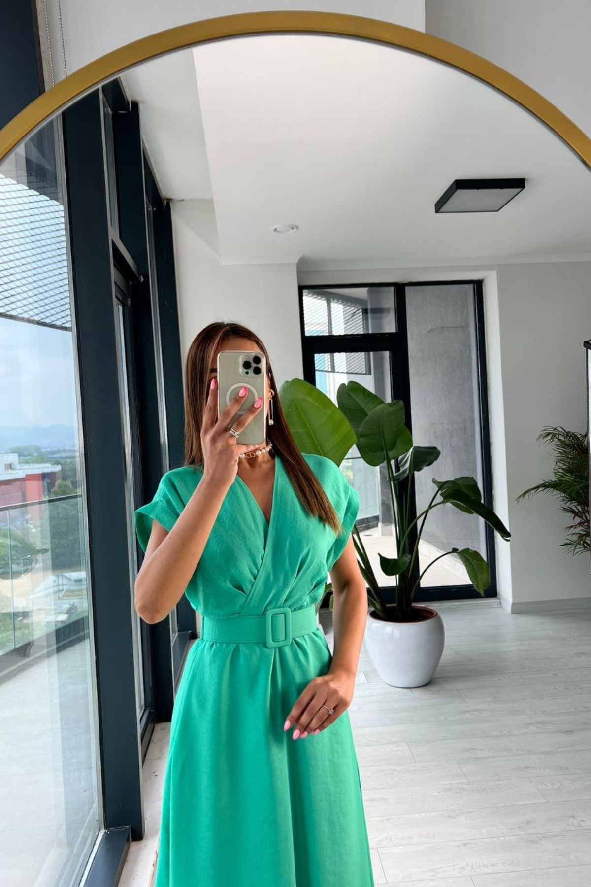 Yeşil%20Astarlı%20Vual%20Kumaş%20Kemerli%20Elbise