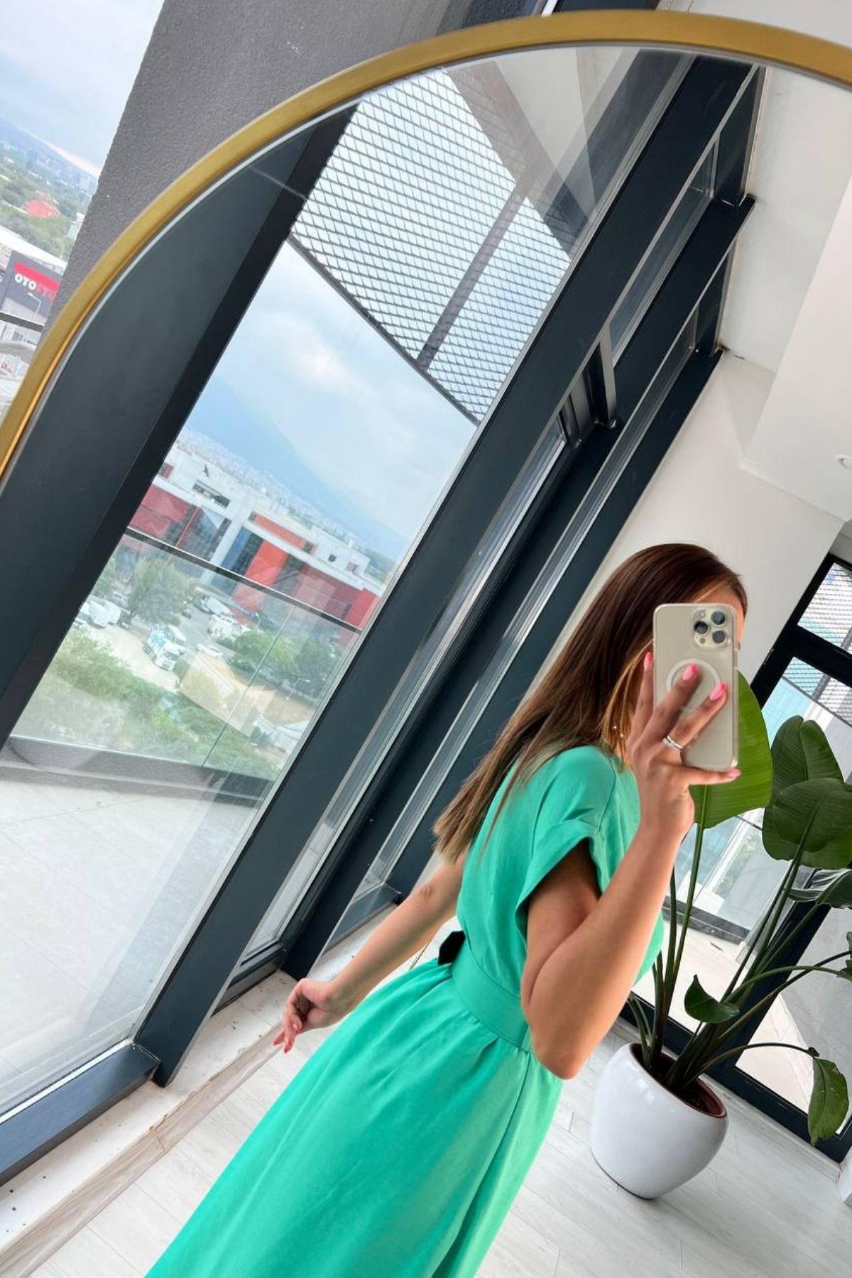 Yeşil%20Astarlı%20Vual%20Kumaş%20Kemerli%20Elbise
