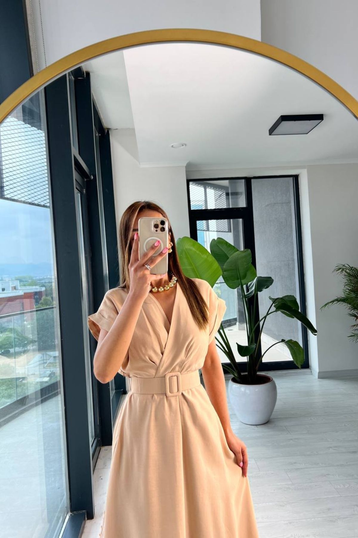 Camel%20Astarlı%20Vual%20Kumaş%20Kemerli%20Elbise