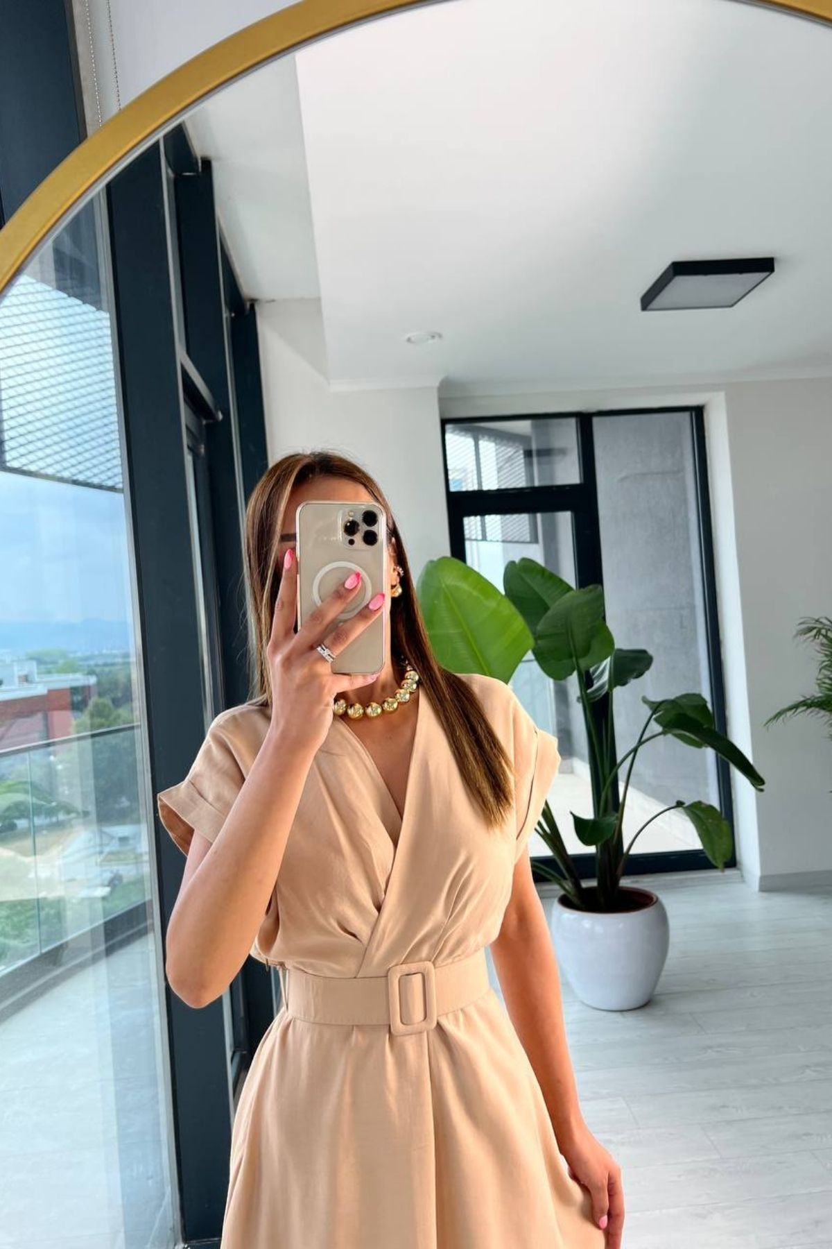 Camel%20Astarlı%20Vual%20Kumaş%20Kemerli%20Elbise