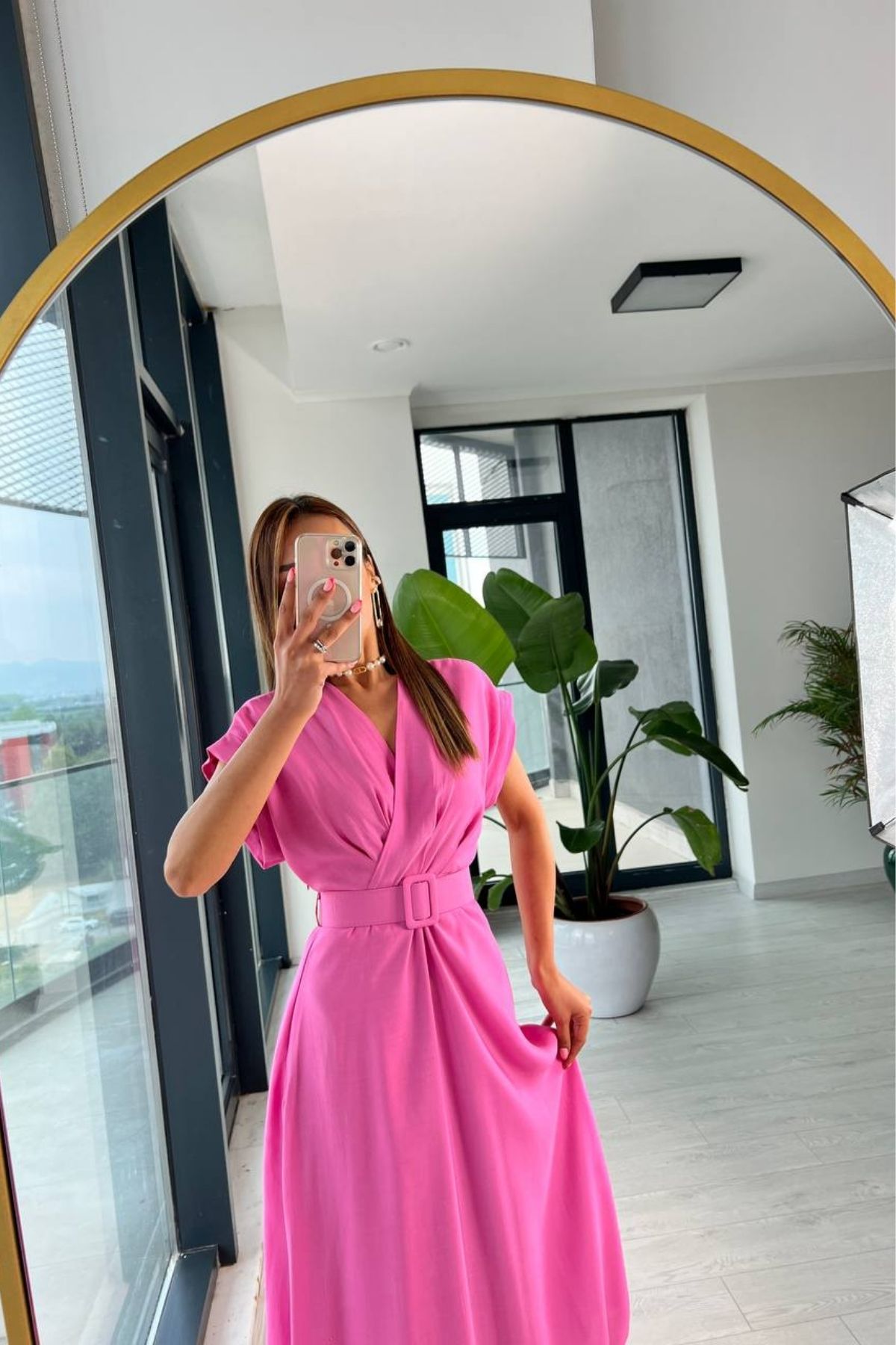 Barbie%20Pembe%20Astarlı%20Vual%20Kumaş%20Kemerli%20Elbise