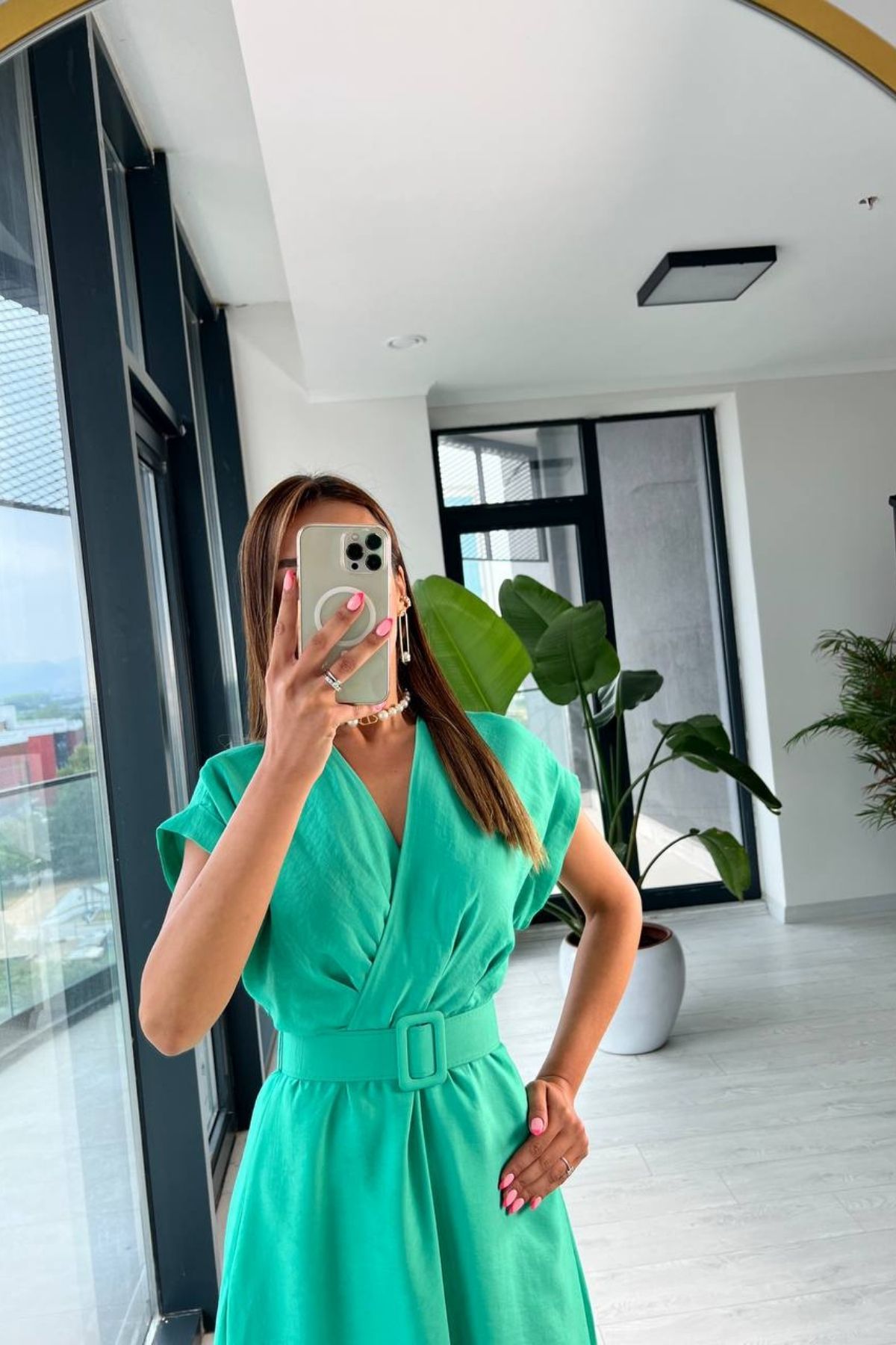 Yeşil%20Astarlı%20Vual%20Kumaş%20Kemerli%20Elbise