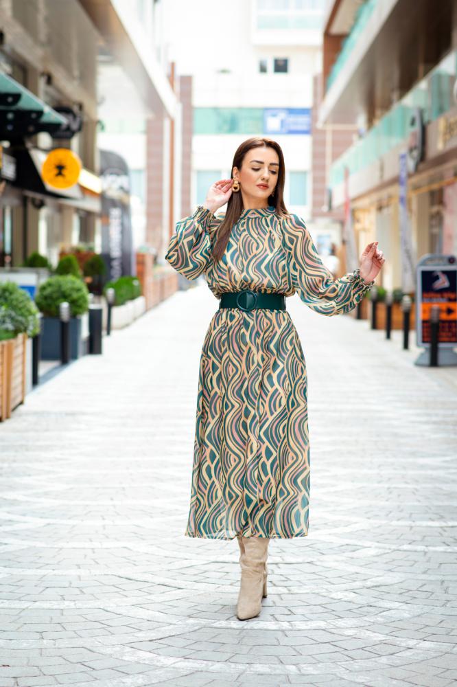Yeşil%20Desenli%20Kemerli%20Şifon%20Elbise