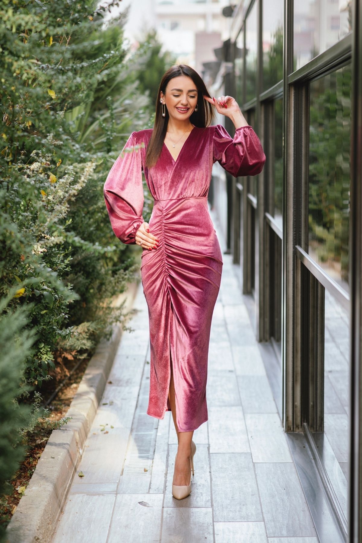 Gül%20Kurusu%20Pembe%20%20Büzgülü%20Kadife%20Elbise