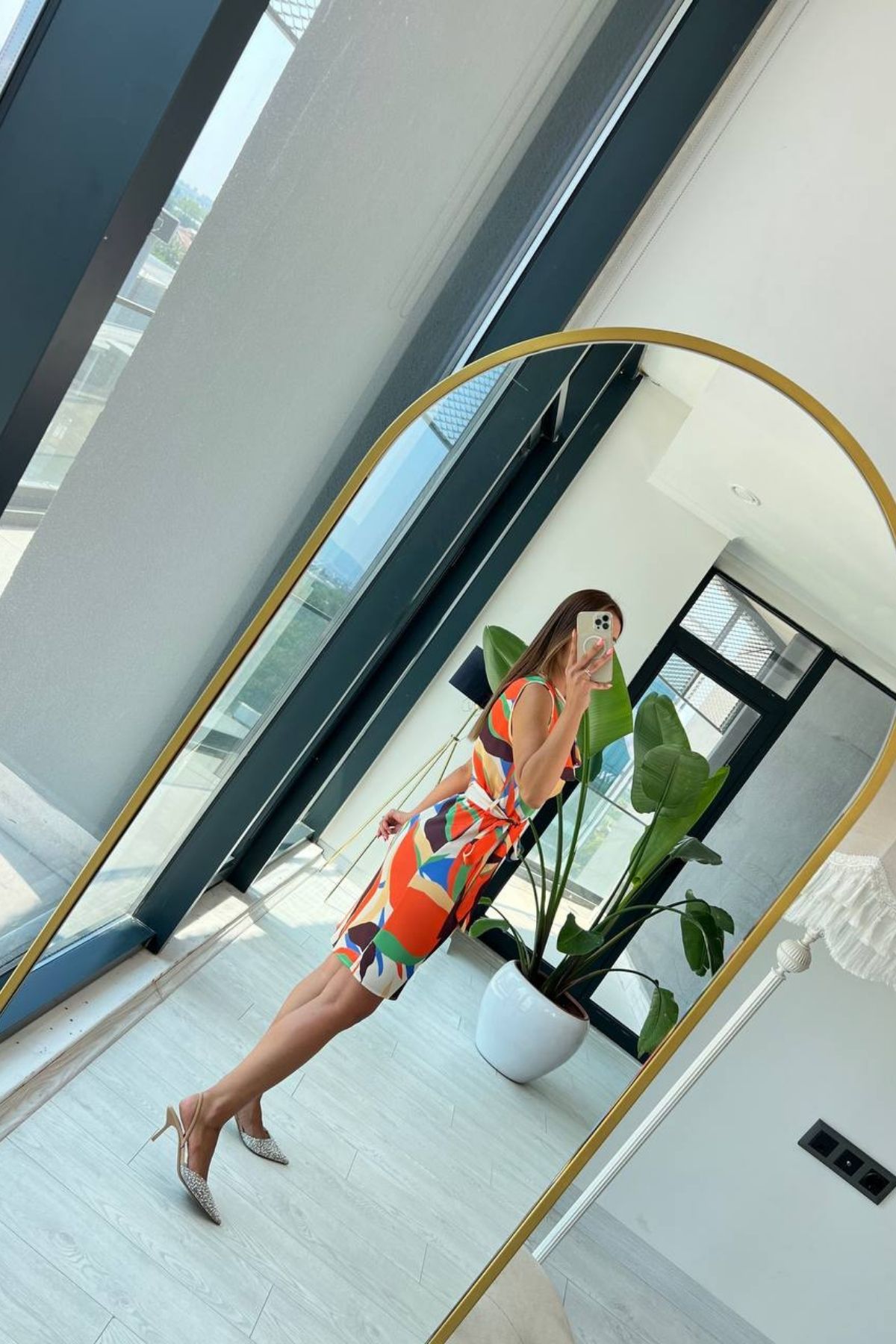 Orange%20Renkli%20ipek%20Saten%20Degaje%20Yaka%20Elbise