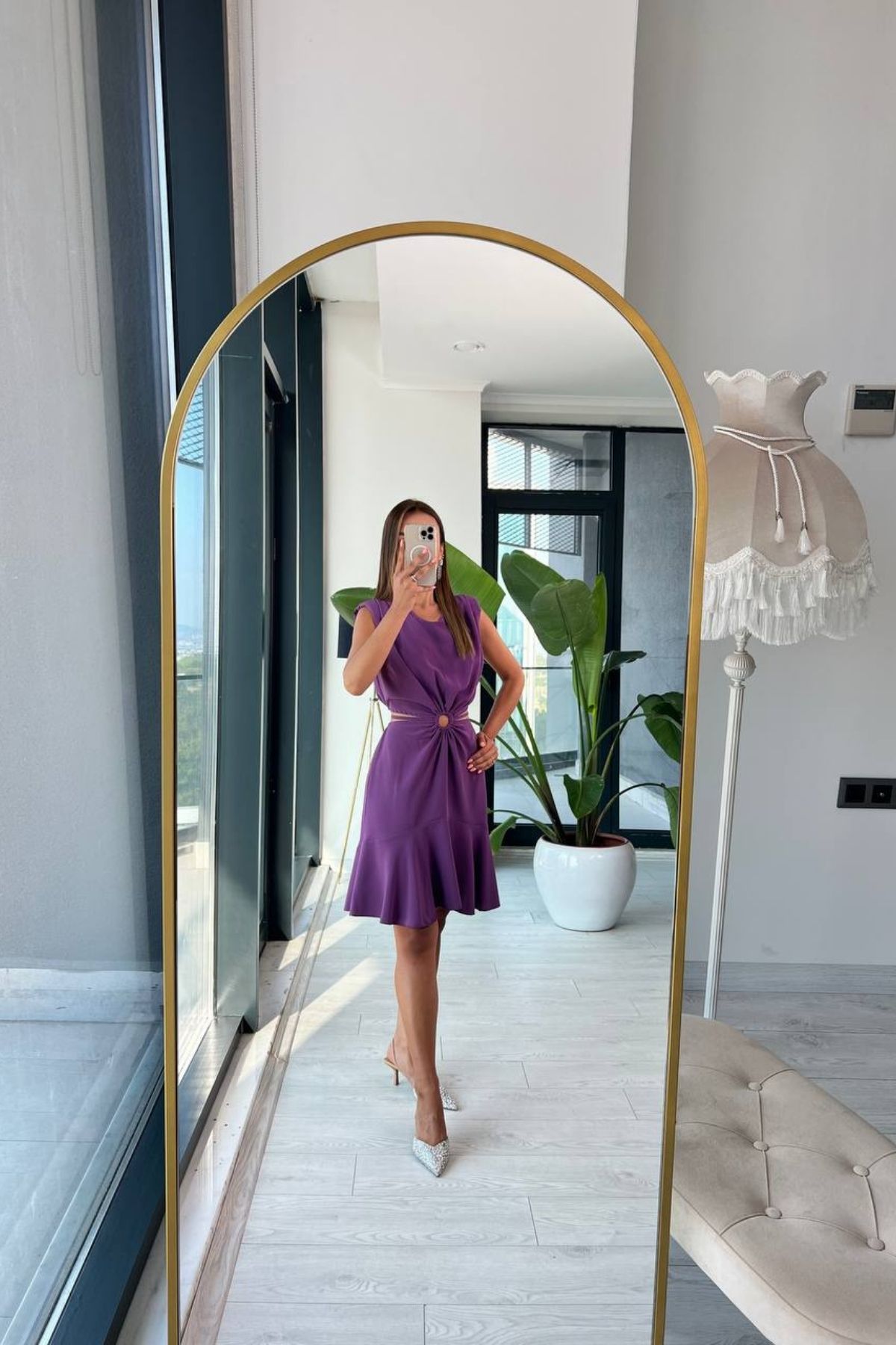 Tasarım%20Mor%20ipekli%20Krep%20Kumaş%20Bel%20Detaylı%20Elbise