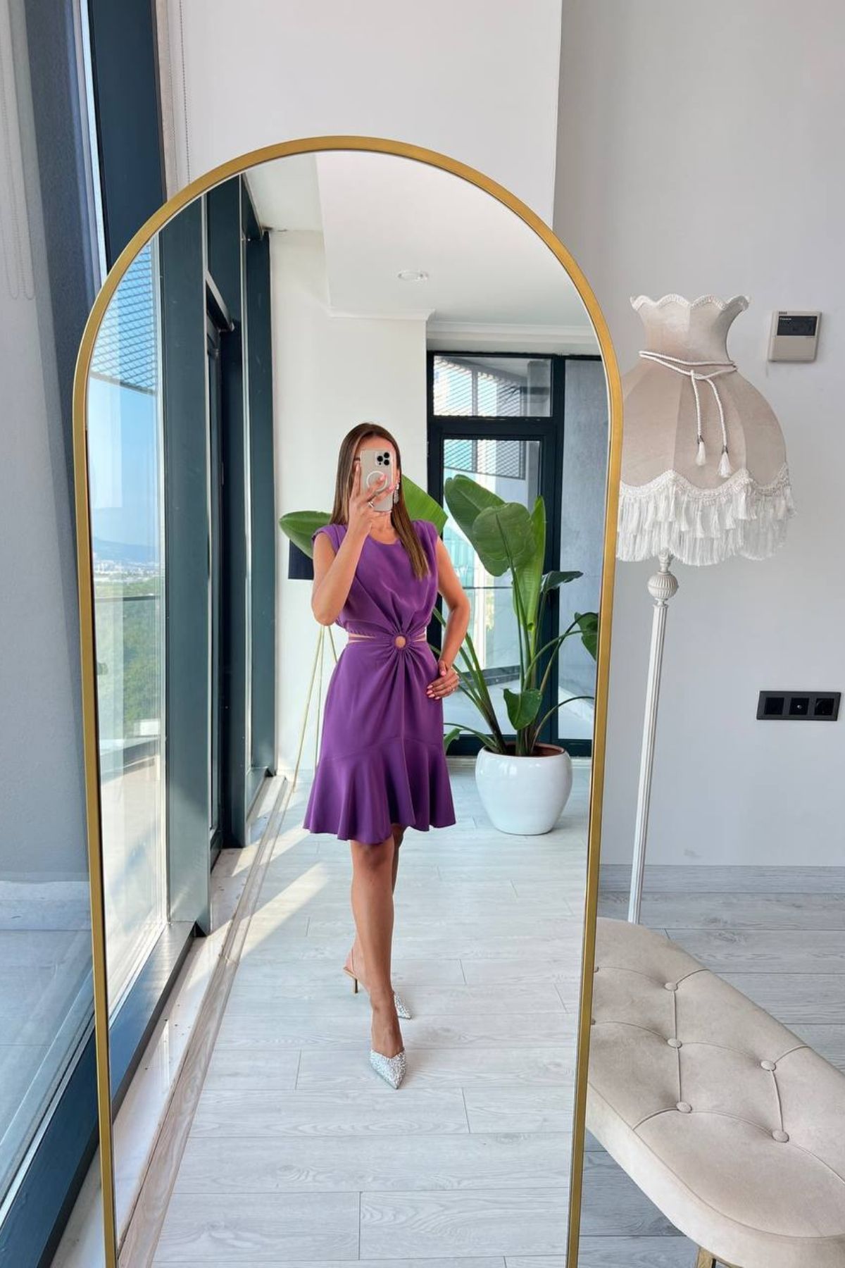 Tasarım%20Mor%20ipekli%20Krep%20Kumaş%20Bel%20Detaylı%20Elbise