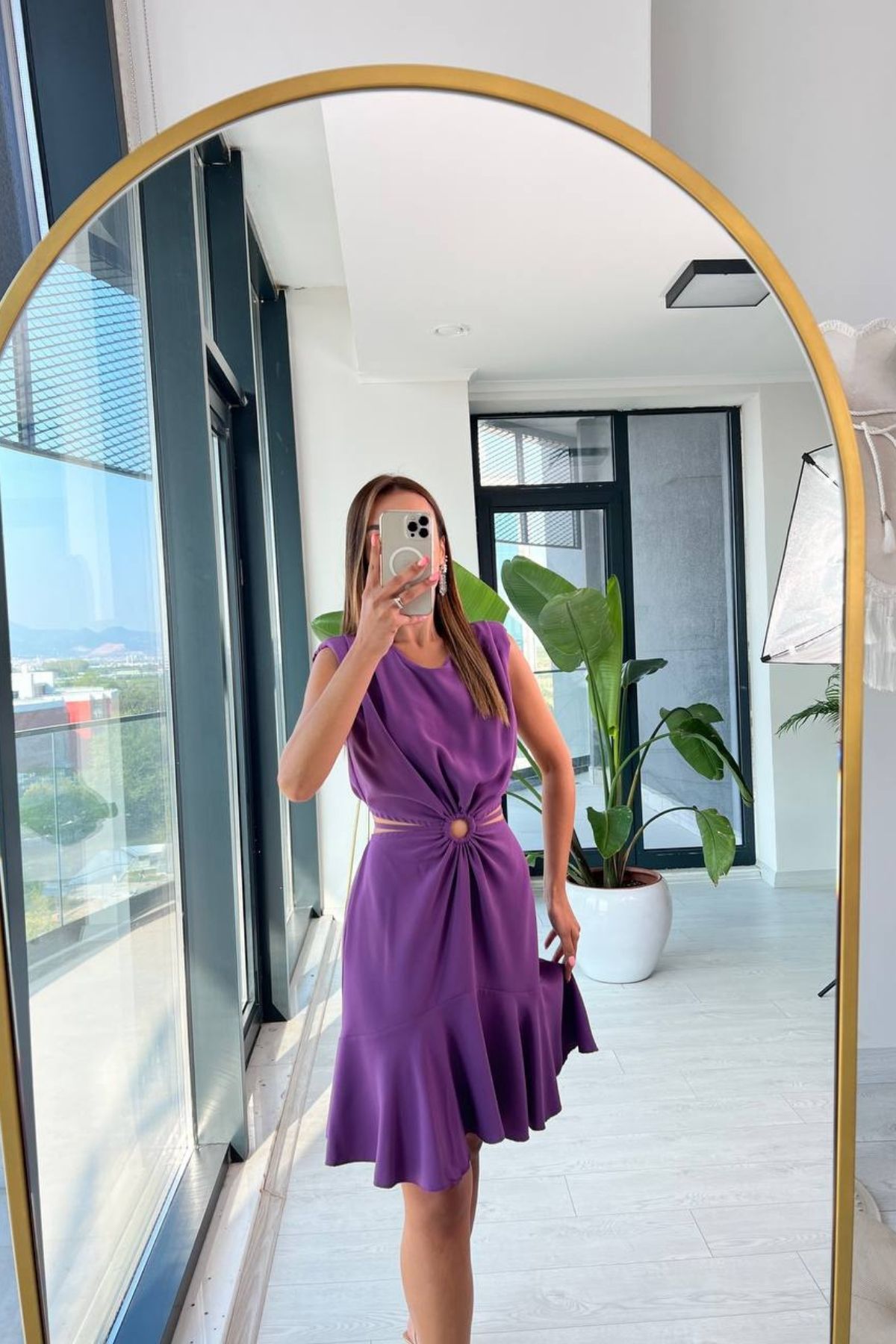 Tasarım%20Mor%20ipekli%20Krep%20Kumaş%20Bel%20Detaylı%20Elbise