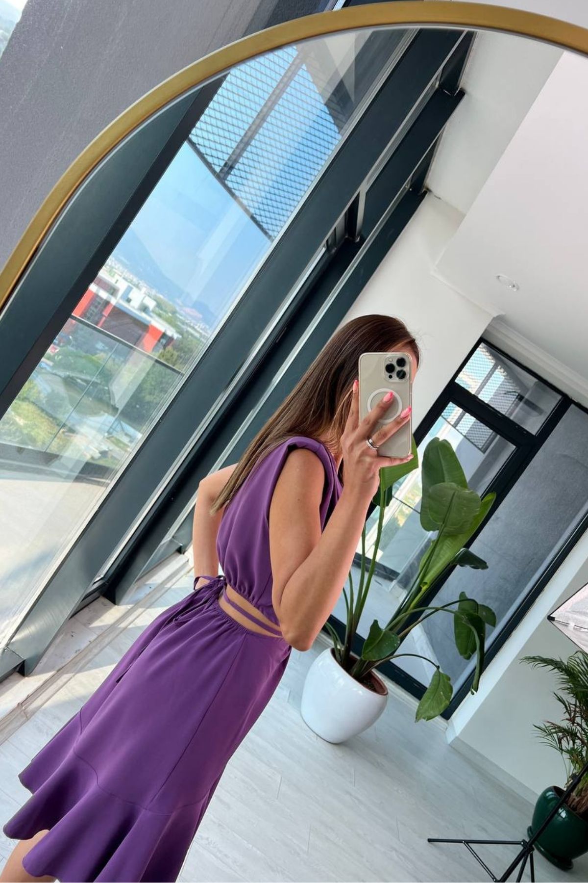 Tasarım%20Mor%20ipekli%20Krep%20Kumaş%20Bel%20Detaylı%20Elbise