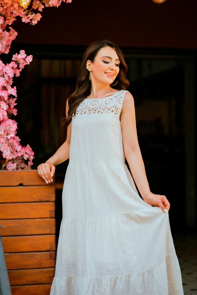 %%20100%20Keten%20Astarlı%20Dantel%20Detaylı%20Elbise