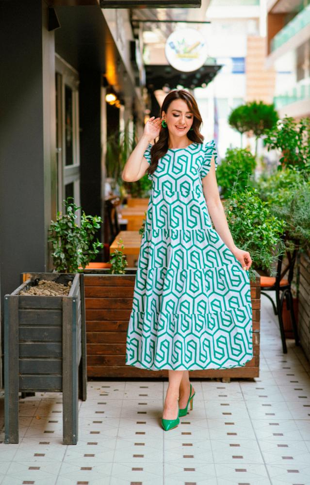 Yeşil%20Kolu%20Fırfırlı%20Poplin%20Elbise