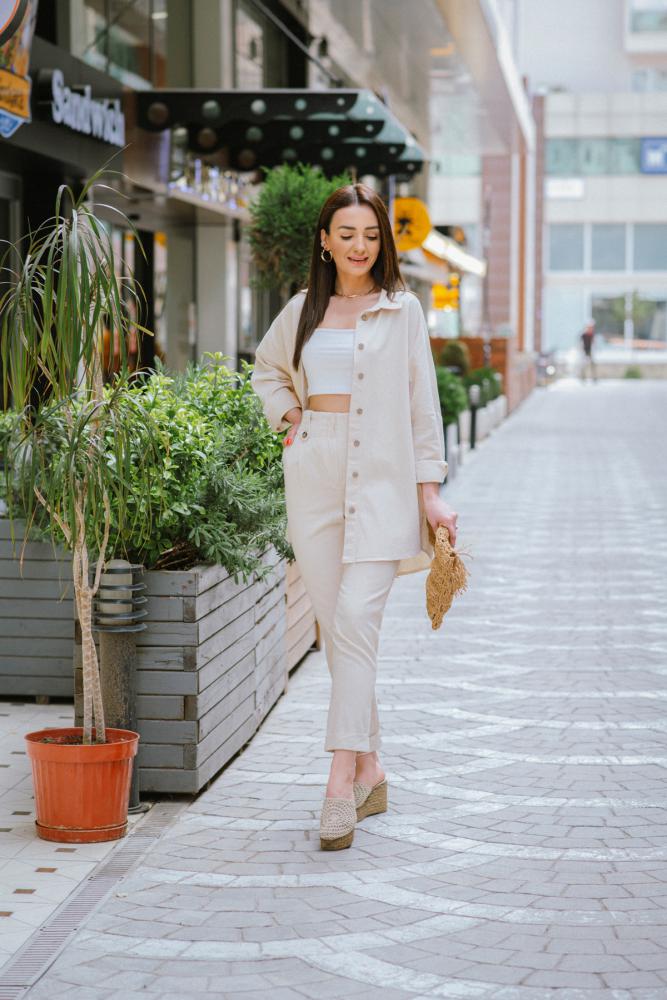 Yüksek%20Bel%20Duble%20Paça%20Taş%20Rengi%20Keten%20Pantalon