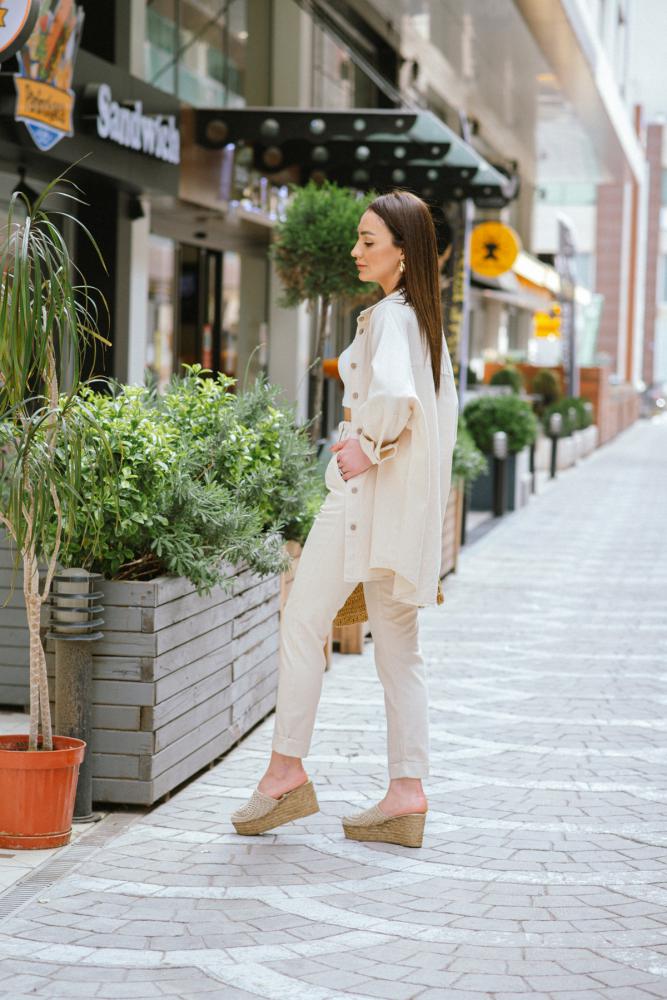Yüksek%20Bel%20Duble%20Paça%20Taş%20Rengi%20Keten%20Pantalon
