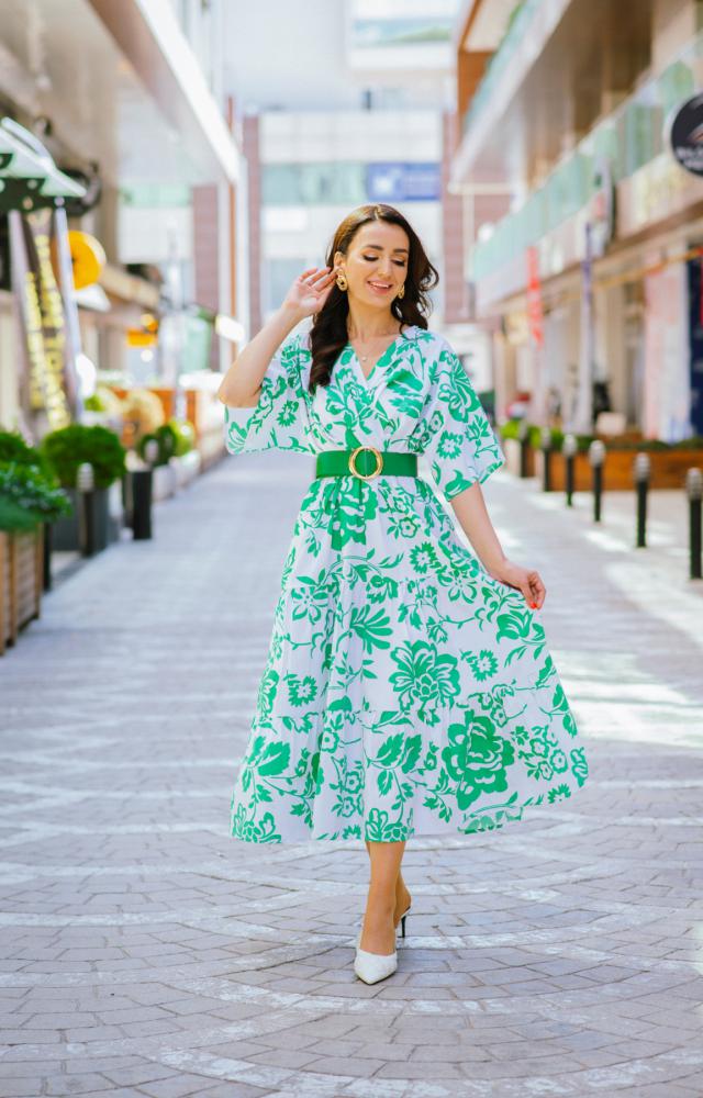 Yeşil%20Desenli%20Poplin%20Kumaş%20Kemerli%20Elbise