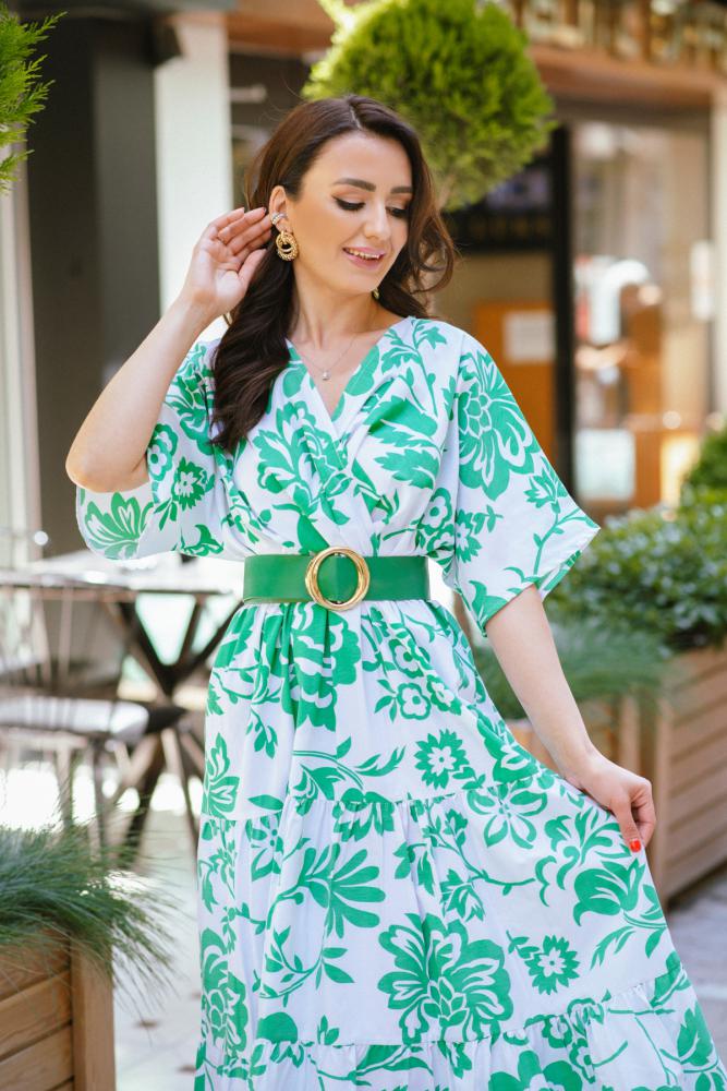 Yeşil%20Desenli%20Poplin%20Kumaş%20Kemerli%20Elbise