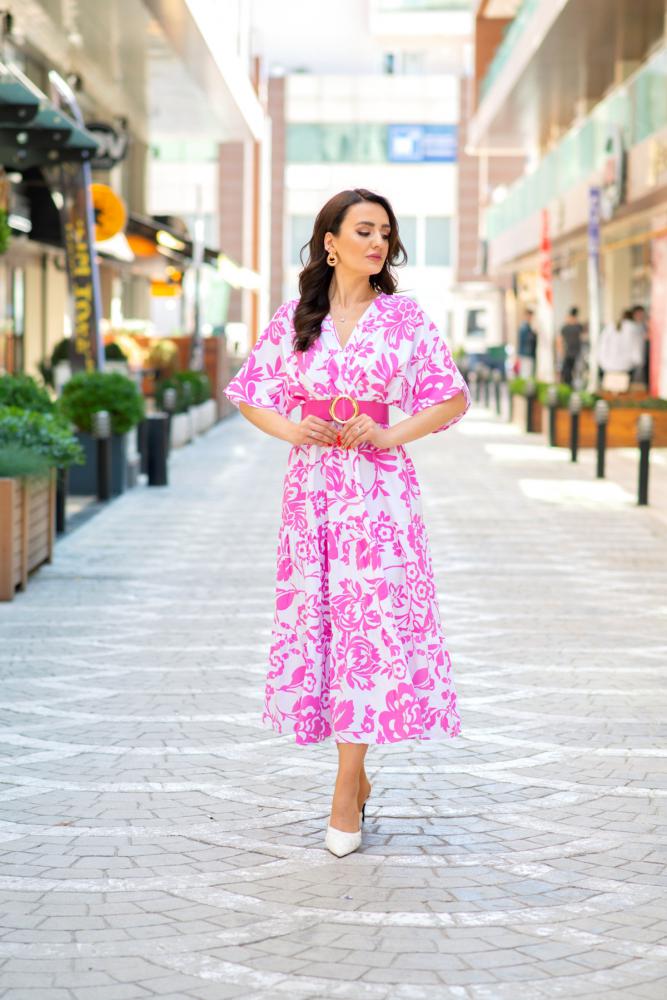 Pembe%20Desenli%20Poplin%20Kumaş%20Kemerli%20Elbise