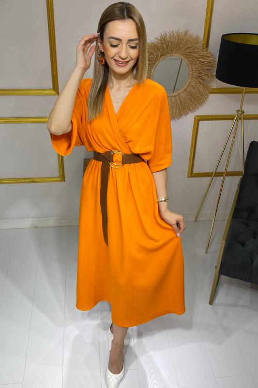 Orange Kemerli Keten Elbise