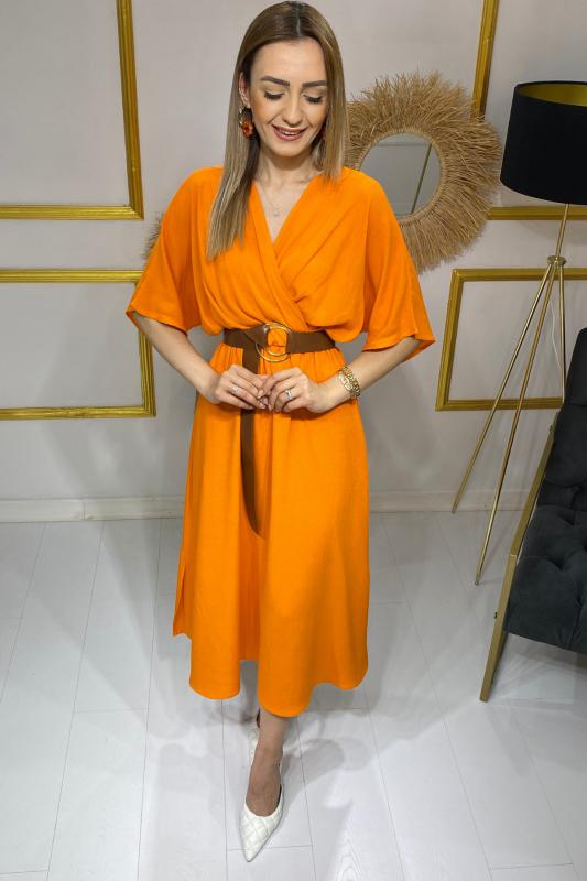 Orange Kemerli Keten Elbise