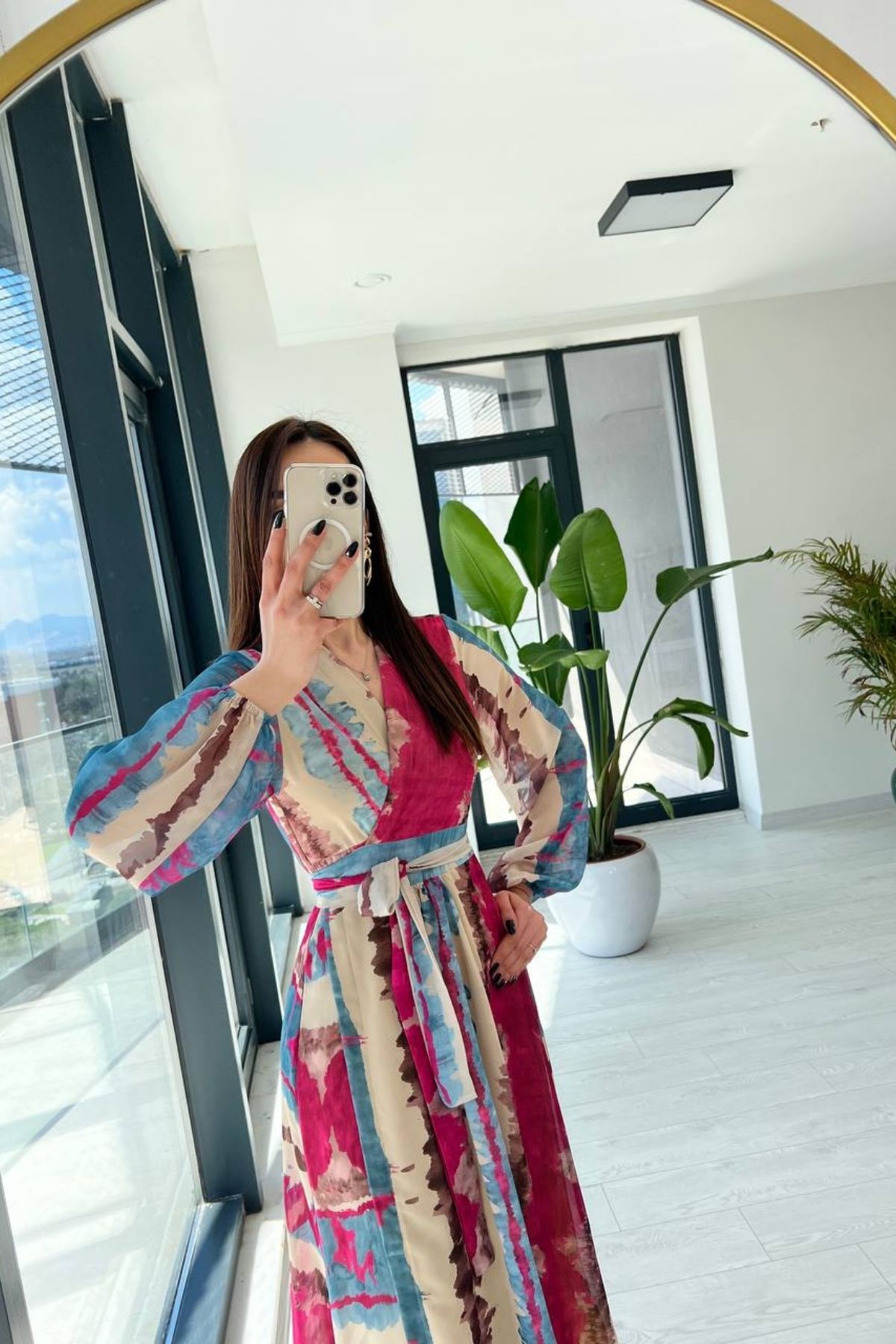 Anvelop%20Şifon%20Astarlı%20Fuşya%20Desenli%20Elbise
