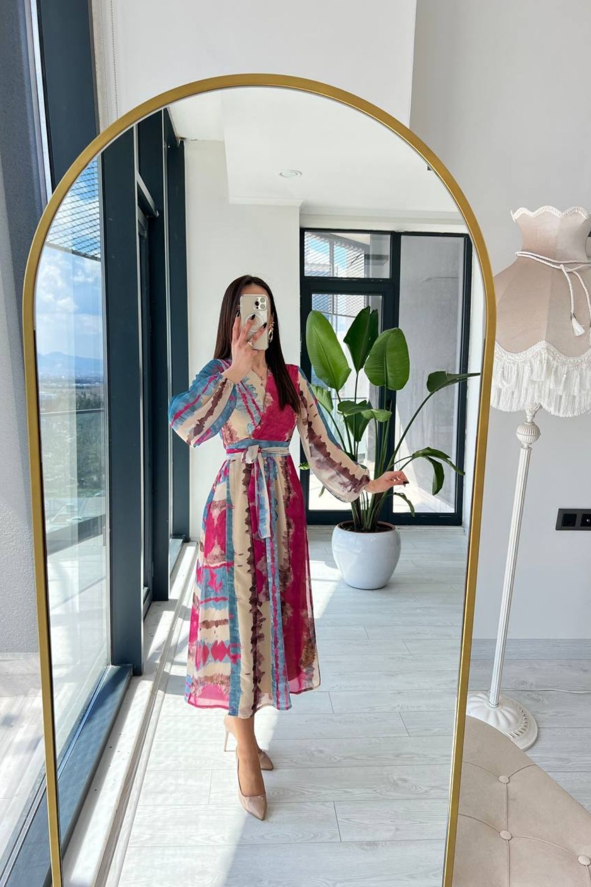 Anvelop%20Şifon%20Astarlı%20Fuşya%20Desenli%20Elbise