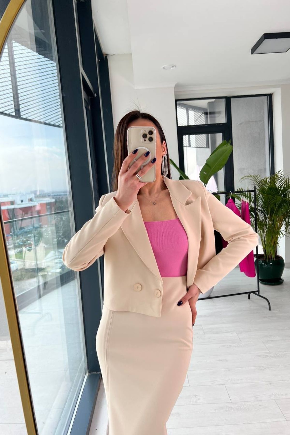 Taş Rengi  Crop Ceket Etek Takım