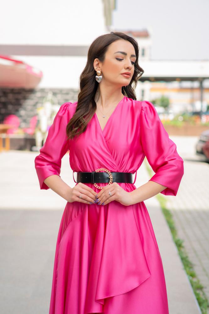 Pembe%20Kemerli%20Saten%20Kruvaze%20Elbise