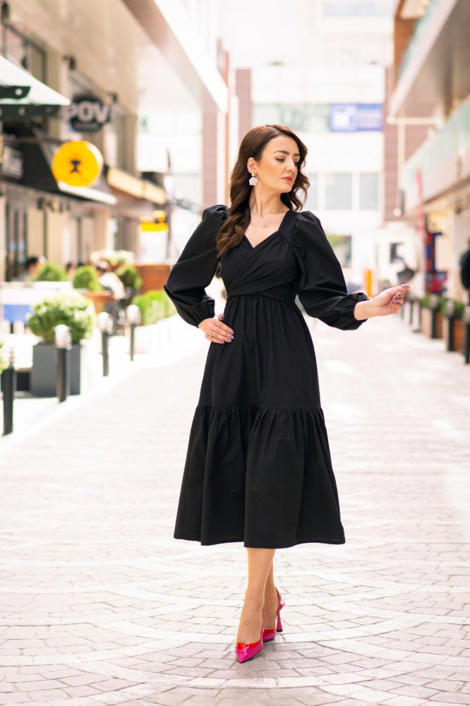Siyah%20Pamuklu%20Kumaş%20Bağlamalı%20Elbise