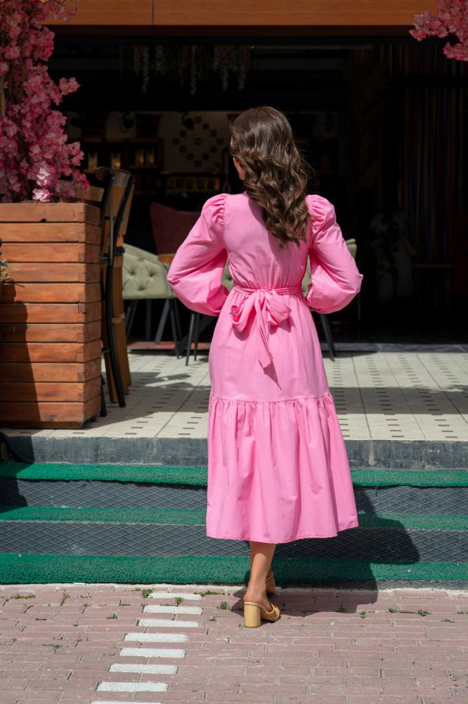 Pembe%20Pamuklu%20Kumaş%20Bağlamalı%20Elbise
