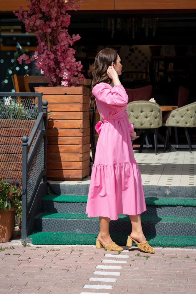 Pembe%20Pamuklu%20Kumaş%20Bağlamalı%20Elbise