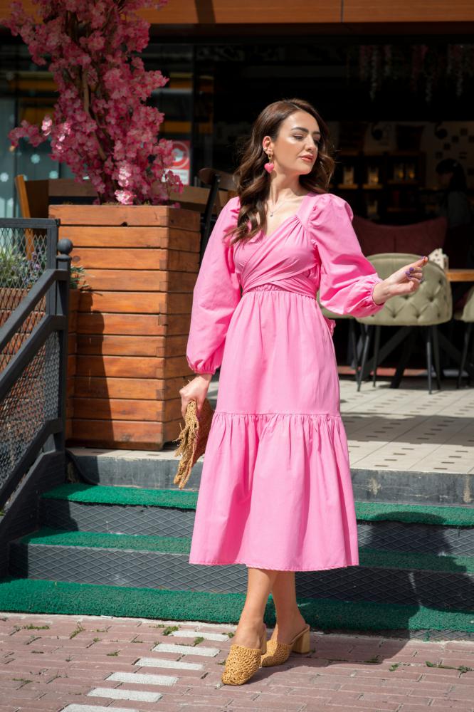 Pembe%20Pamuklu%20Kumaş%20Bağlamalı%20Elbise