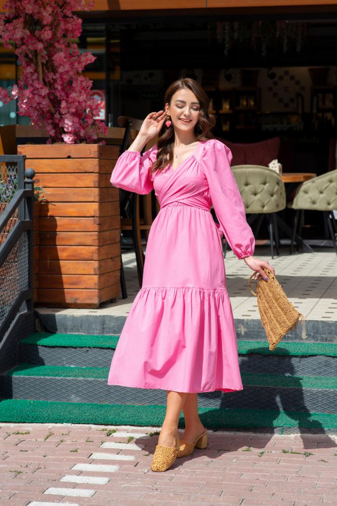 Pembe%20Pamuklu%20Kumaş%20Bağlamalı%20Elbise